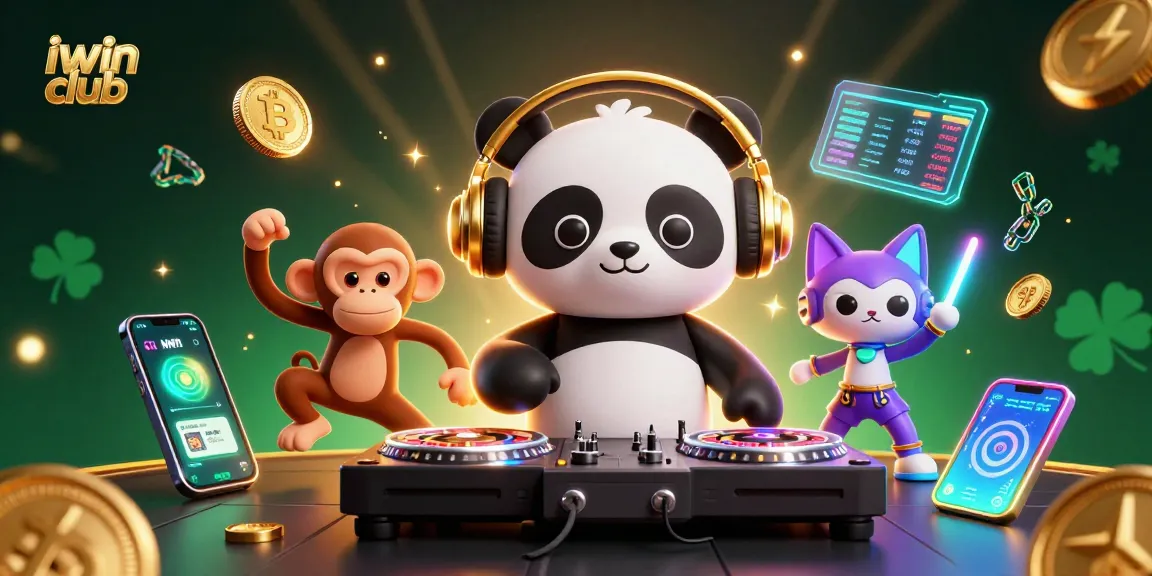 Join the excitement at iwin club with vibrant 3D characters and gaming elements in a lively casino scene.