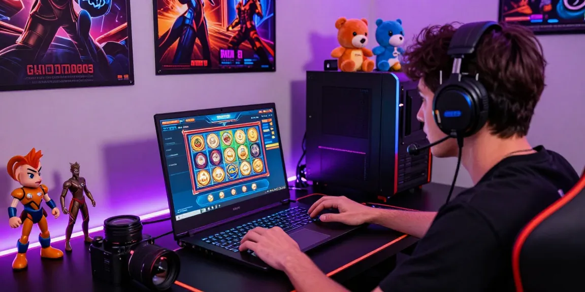 Engaging GARUDA303 slot gaming experience on a modern laptop surrounded by vibrant décor and gaming elements.