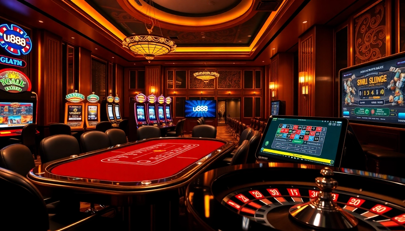 Experience the excitement of u888 online casino games with vibrant slot machines and a bustling poker table.