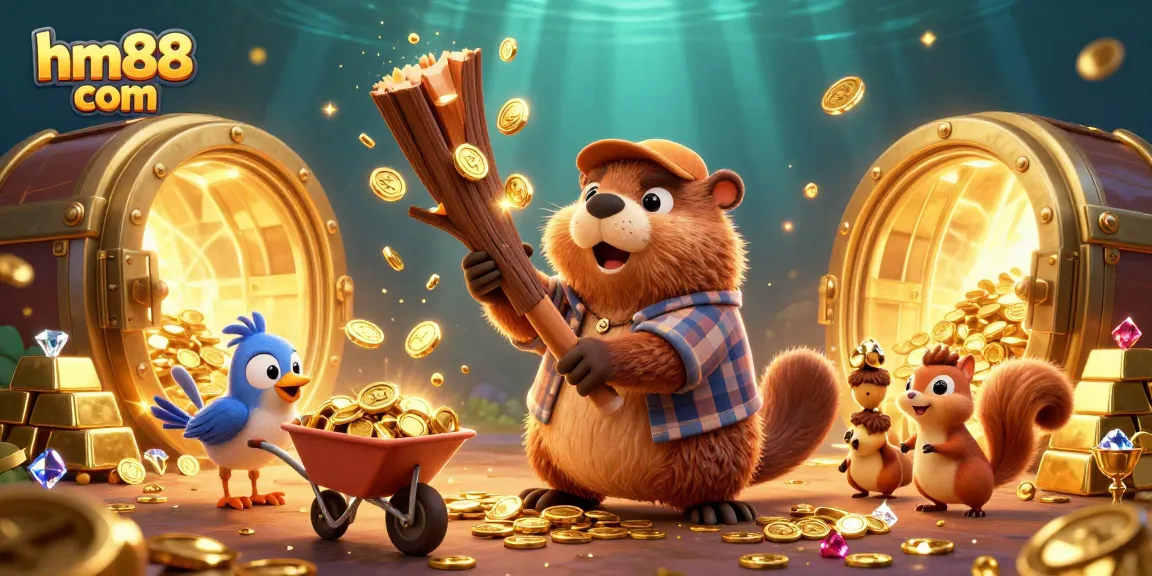 Win big at hm88 com with our cartoon scene featuring treasure and lucky gambling elements!