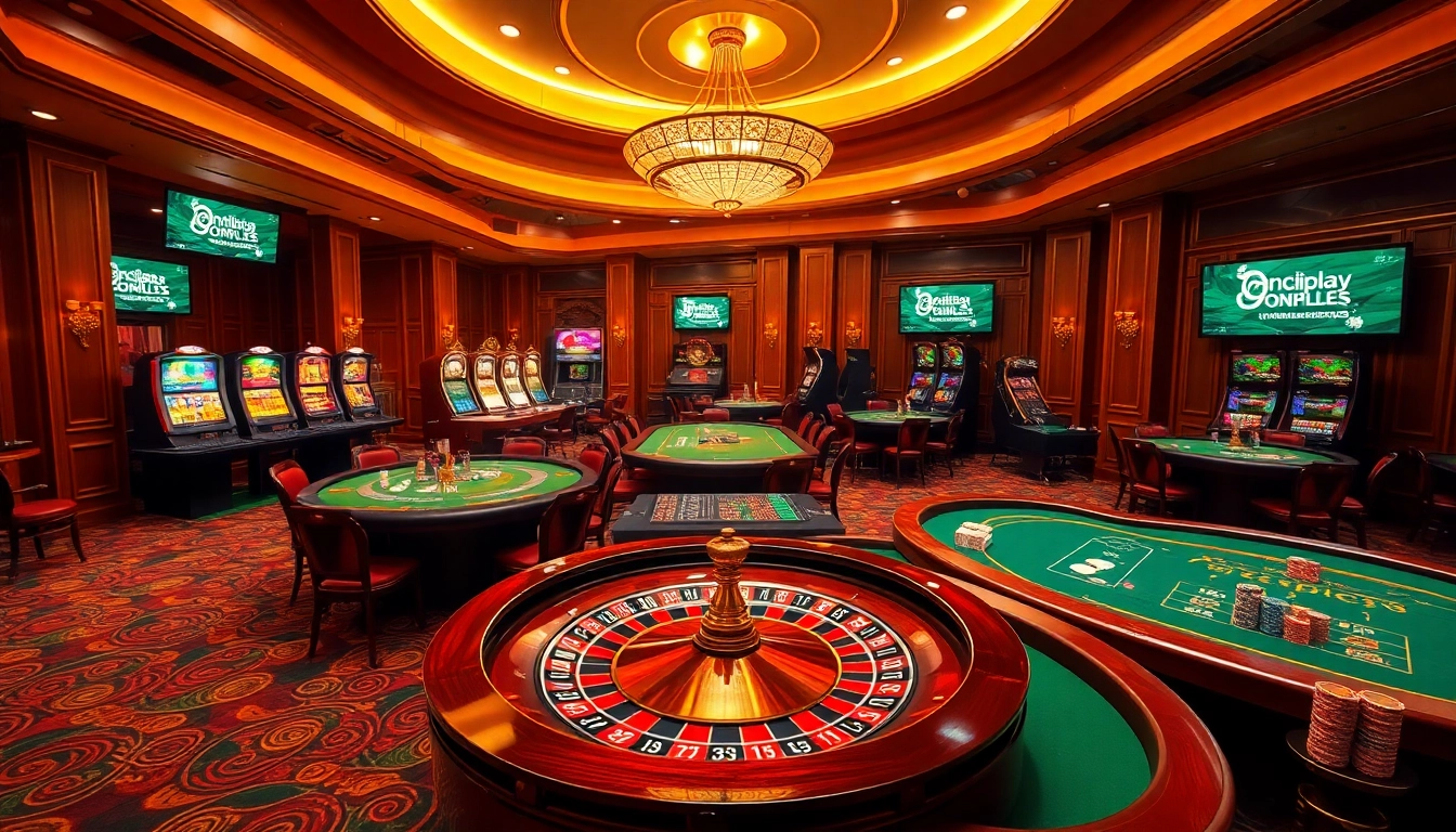 Players engaging in thrilling games at onicplay casino with vibrant slot machines and elegant poker tables.
