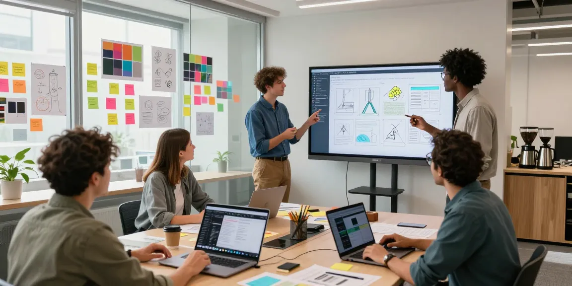Diverse team brainstorming using mixboard ai on a digital canvas in a bright office.