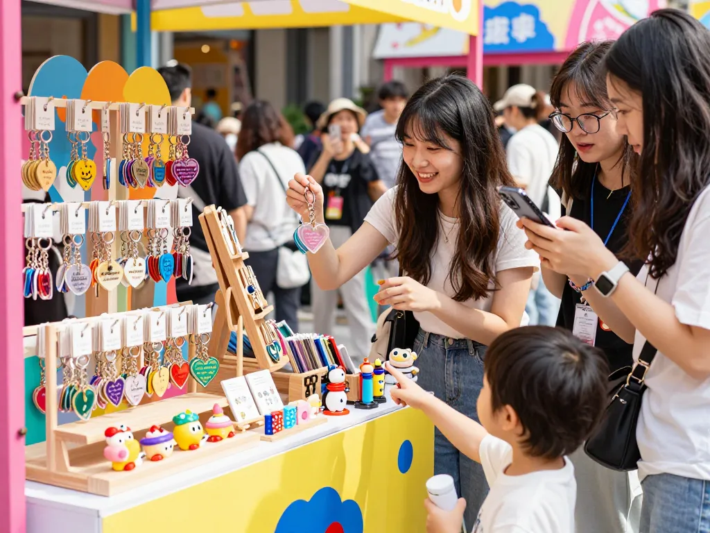 Customized keychain shopping experience with vibrant designs and happy customers.