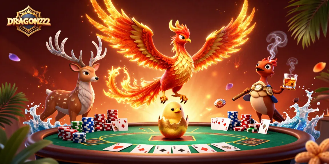 Engage with DRAGON222 at a vibrant casino scene featuring a majestic phoenix, poker chips, and cards.