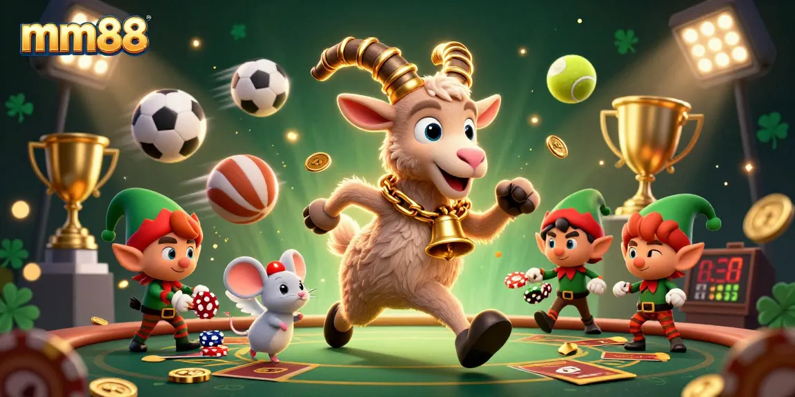 Play thrilling slots at mm88 with 3D Krampus goat, celebrating wins in a festive casino.