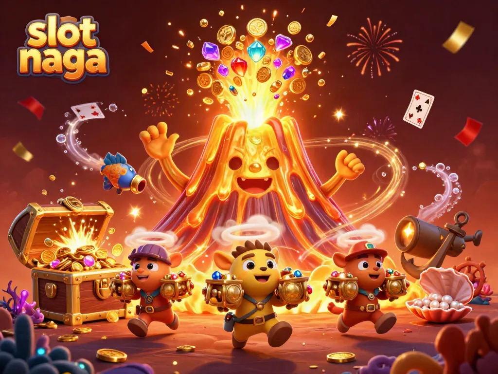 Experience thrilling slot naga gameplay as gold erupts from a volcano surrounded by treasure.