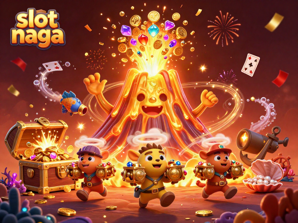 Experience thrilling slot naga gameplay as gold erupts from a volcano surrounded by treasure.