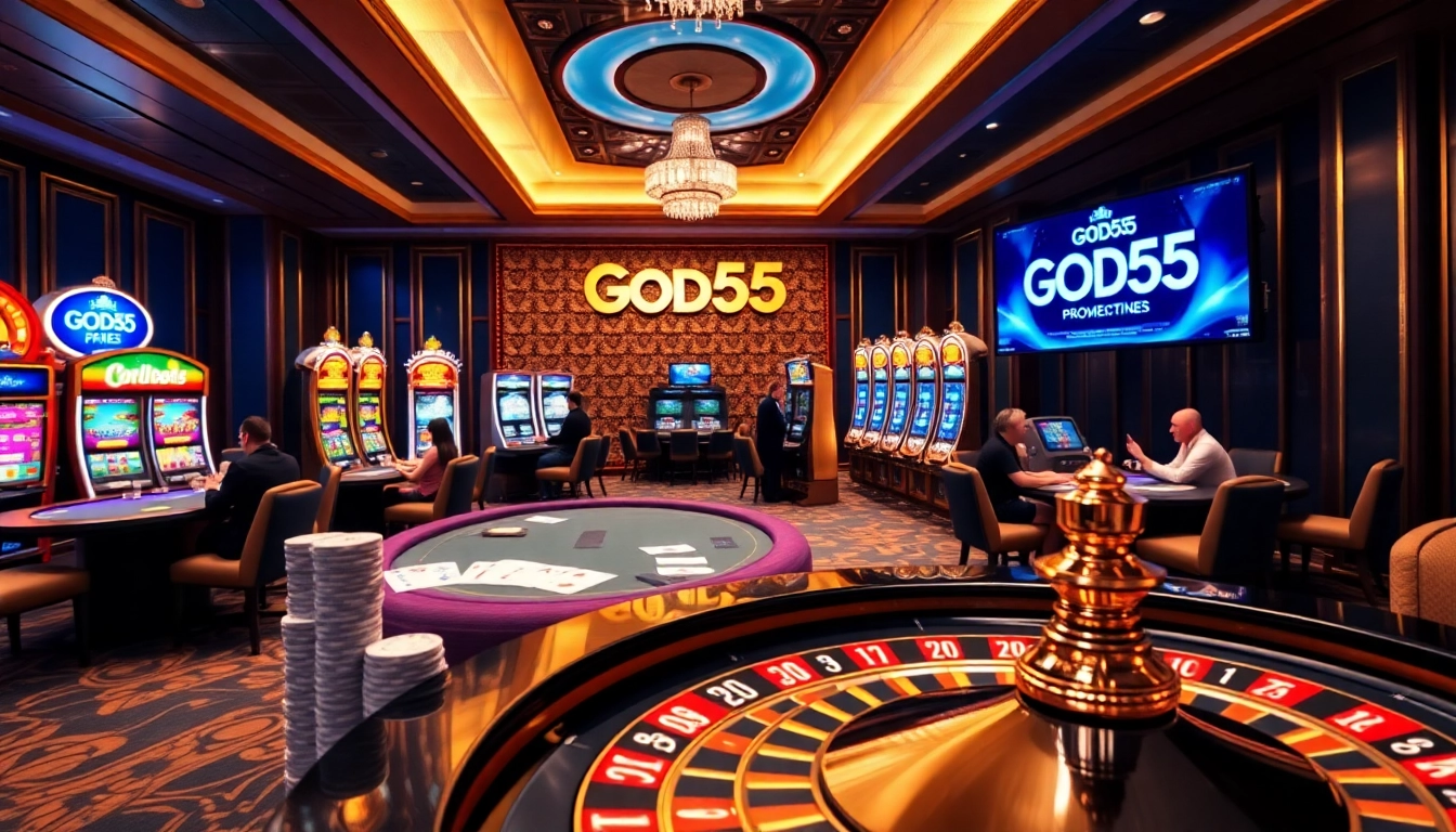 Experience the excitement of gambling at God55 with vibrant casino tables and engaging players.