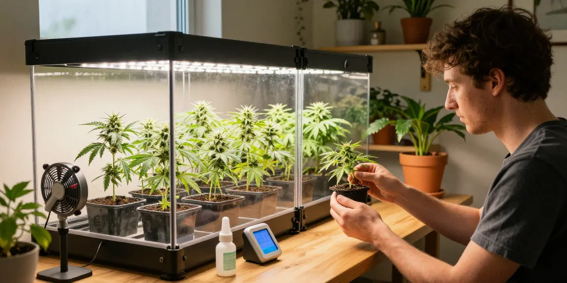 Grower tending to autoflowering cannabis seeds in a vibrant indoor garden.