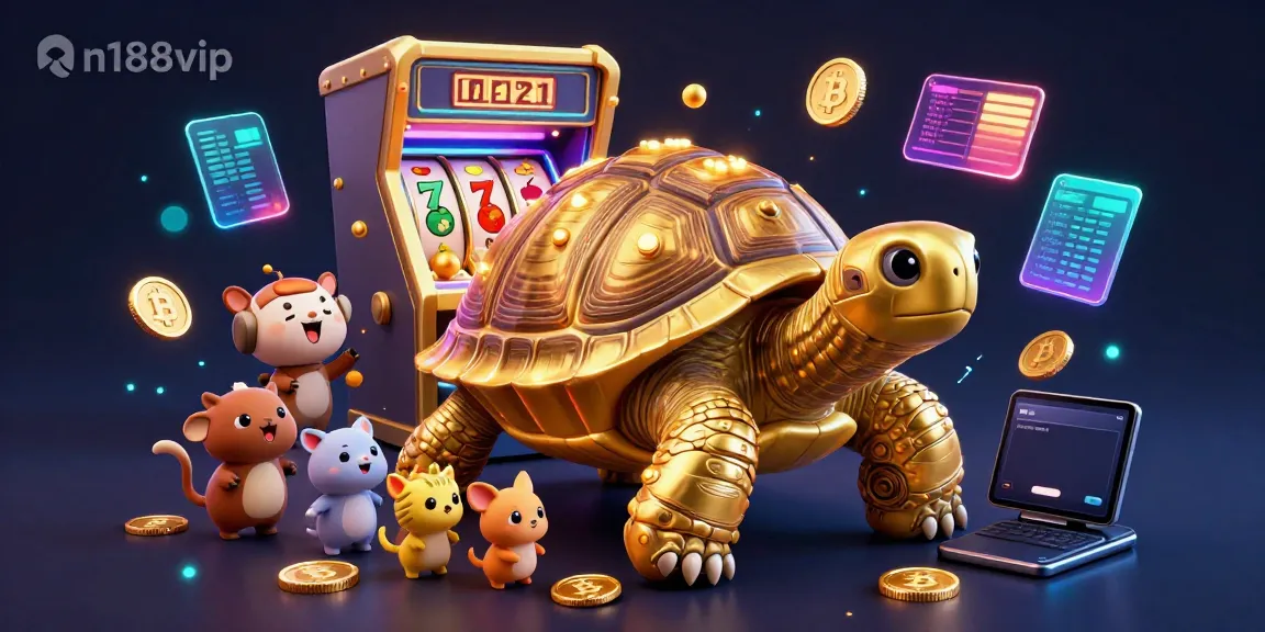 Experience the excitement of n188vip with a vibrant 3D casino scene featuring engaging games and crypto elements.