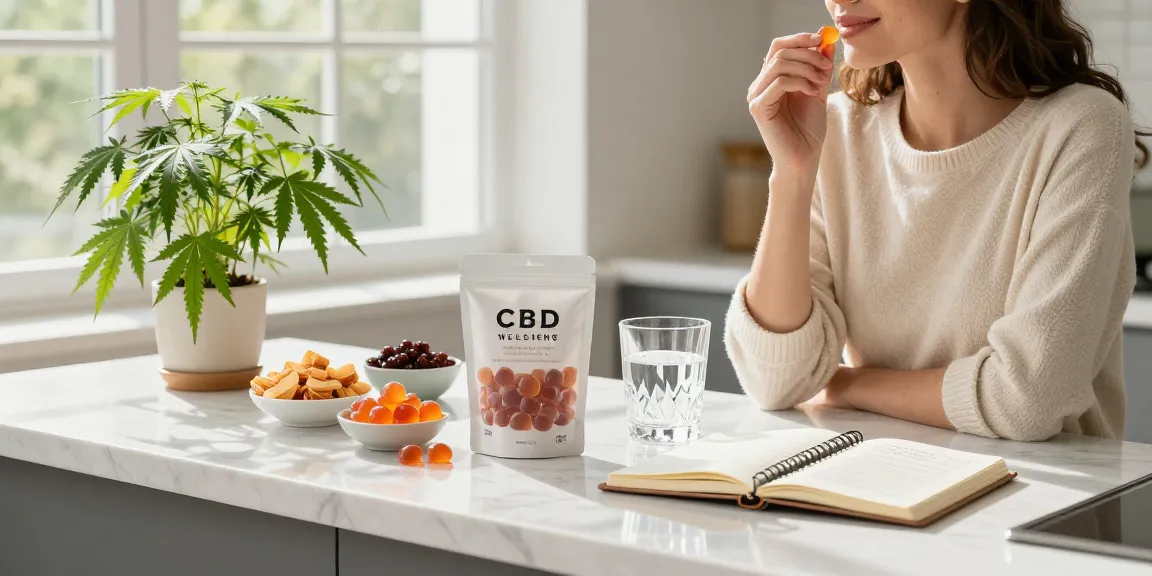 Exploring the benefits of dank gummies review with CBD oil and wellness essentials in a bright kitchen.