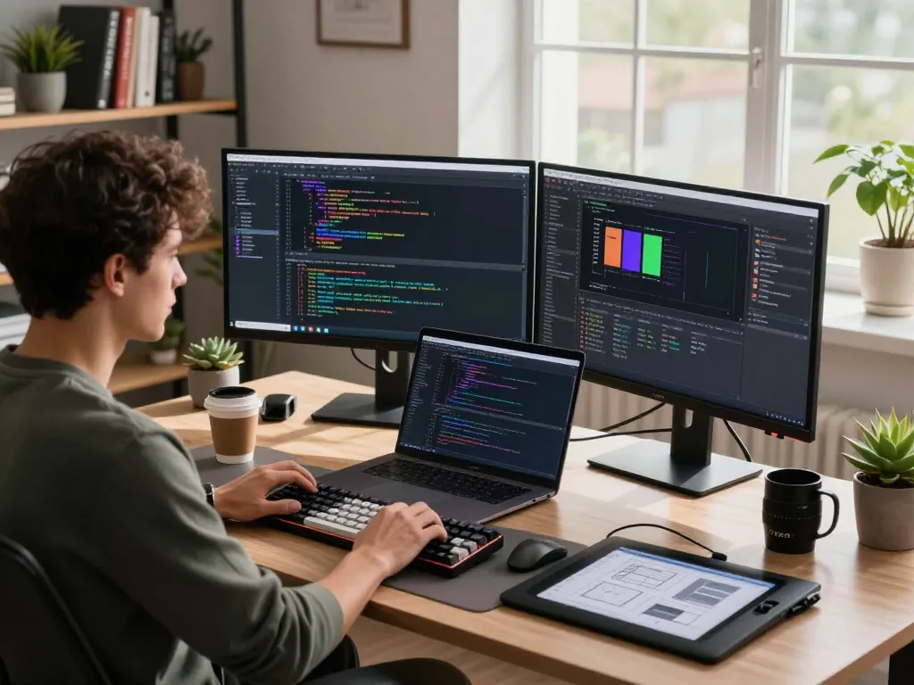 Developer coding with OpenClaw in a modern tech workspace, showcasing dual monitors and innovative tools.