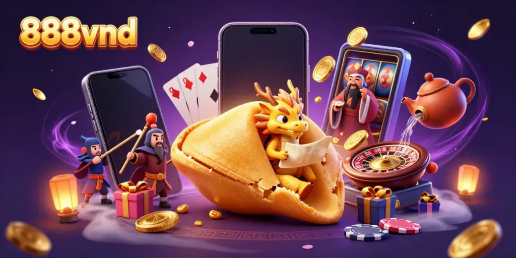 Engaging scene showcasing 888vnd with a giant fortune cookie, dragon, and lively casino elements illustrating online gambling.