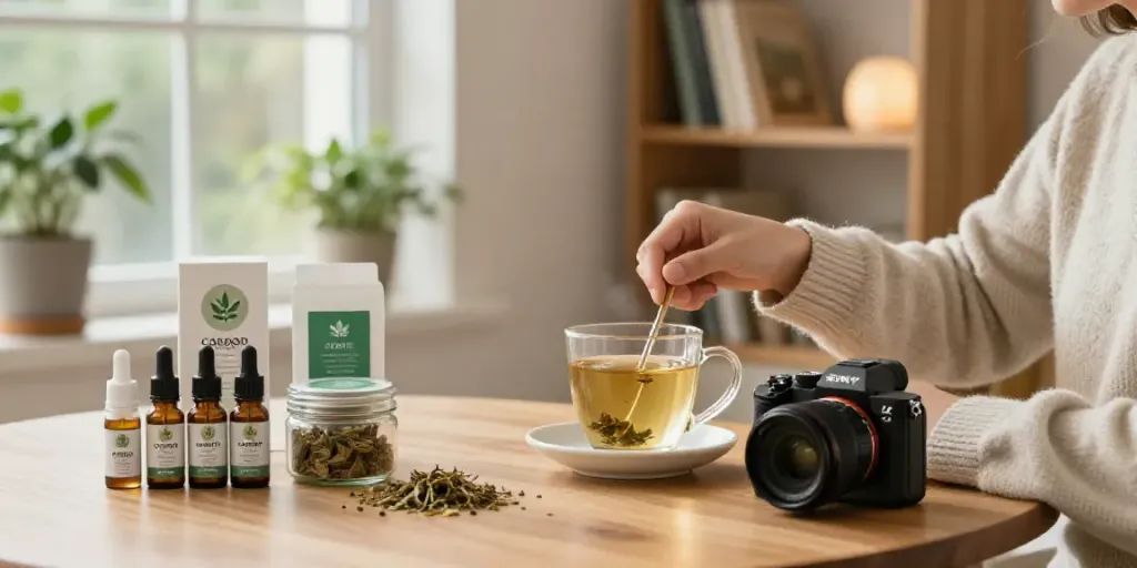 CBD kaufen: Eine gemütliche Atmosphäre mit CBD Produkten und Kräutertee in einer warmen Umgebung.