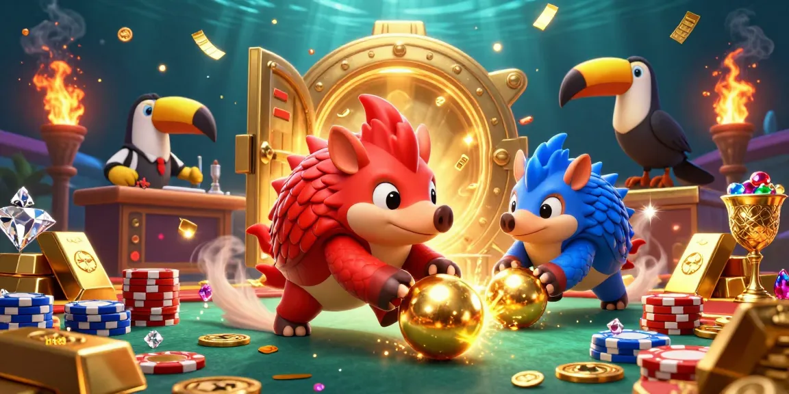 Experience thrilling nk88 gameplay with cartoon pangolins in a vibrant casino scene, rolling golden balls.