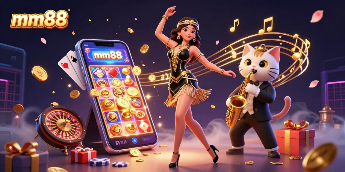 Engage with mm88's vibrant 3D illustration featuring dynamic characters in a pulsating casino atmosphere.