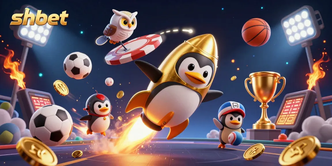 Win big with shbet as the golden penguin navigates a vibrant casino universe filled with sports elements.