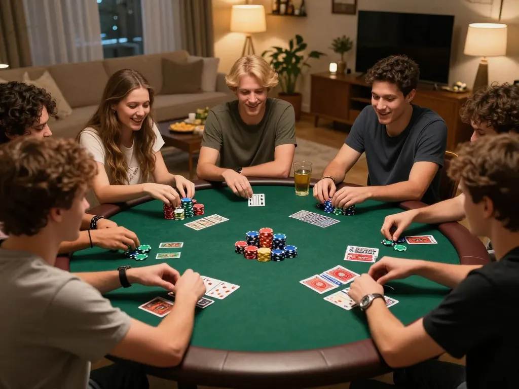 77WIN players enjoying a lively poker game with friends, chips and cards in play.