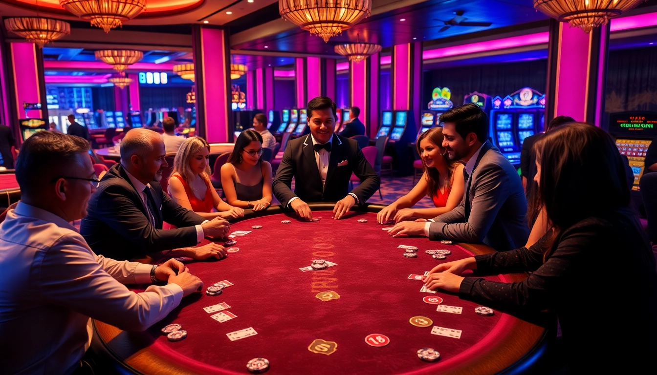 Players enjoying an intense poker game at b52club casino, showcasing vibrant chips and elegant table setup.