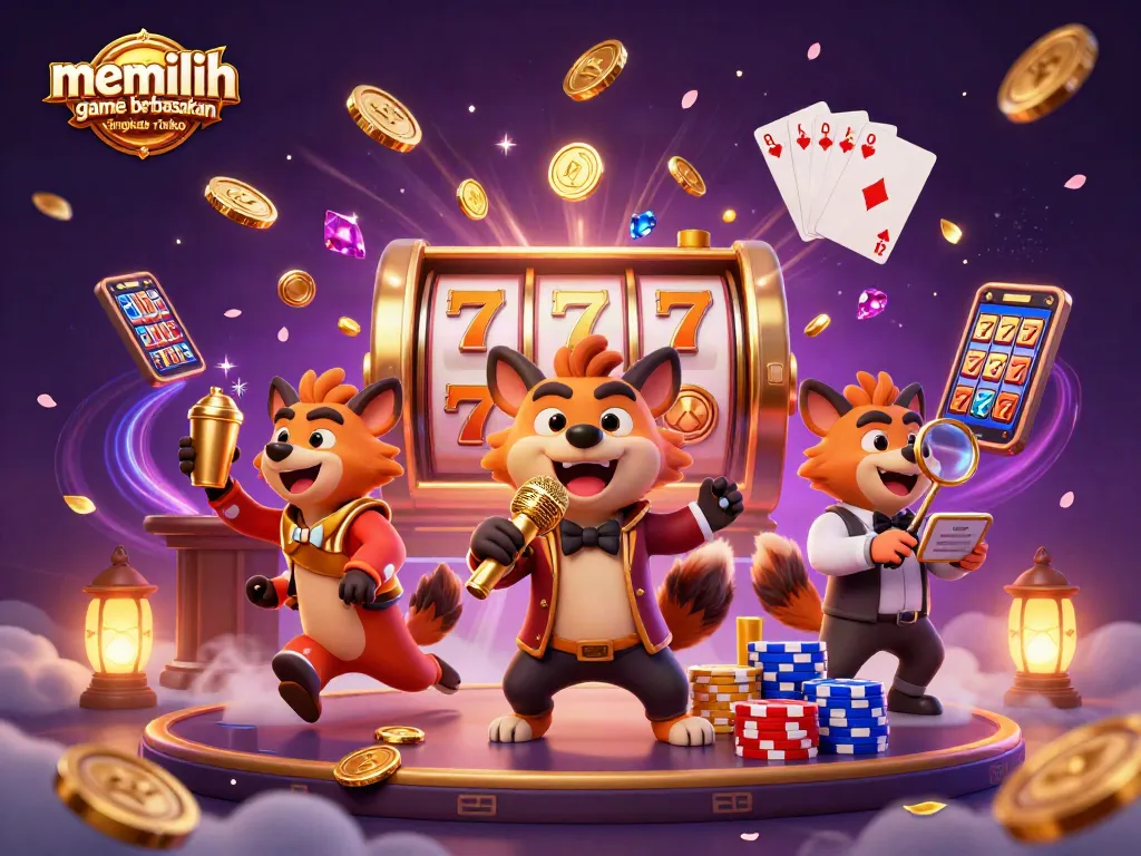 Bermain slot gacor dengan memilih game berdasarkan tingkat risiko, menampilkan hyena yang lucu dan gemerlap.