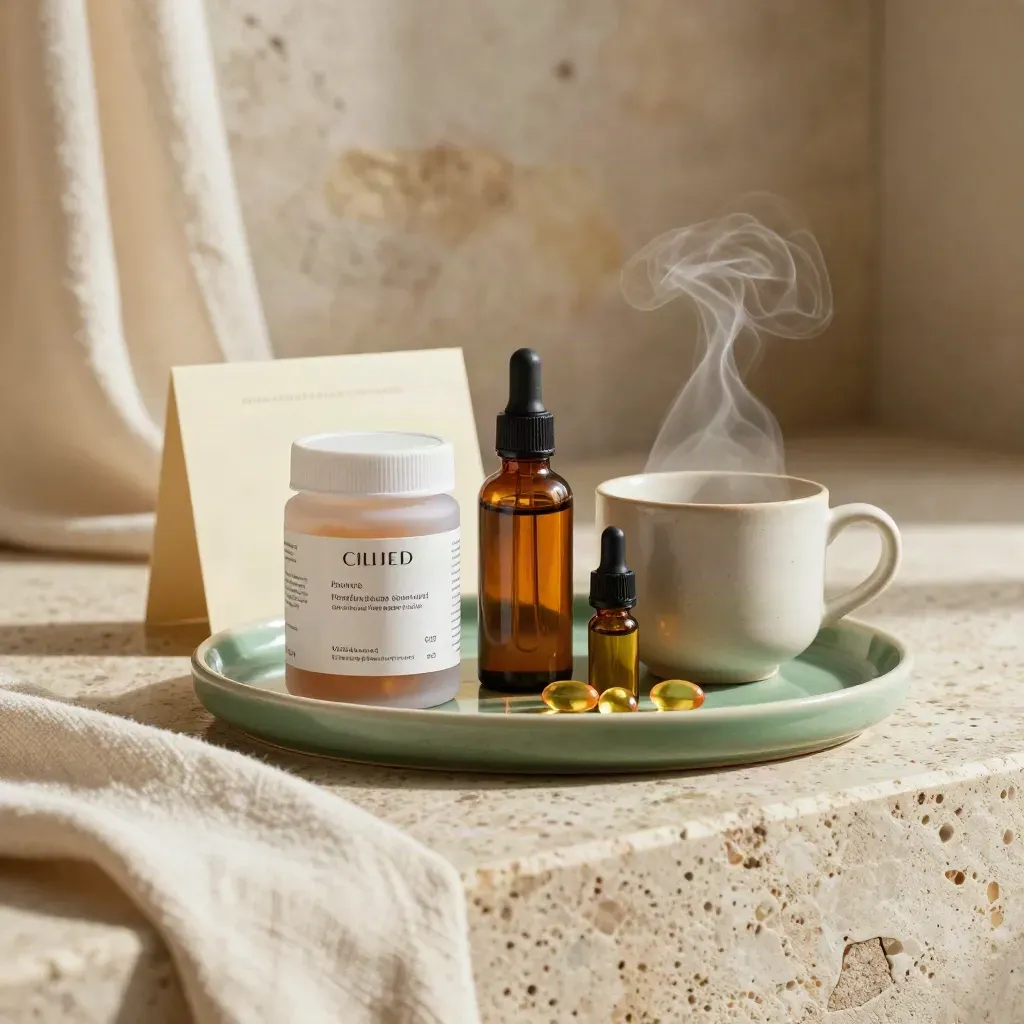 CBD bundle on travertine ledge with steaming cup, linen throw, and amber bottles