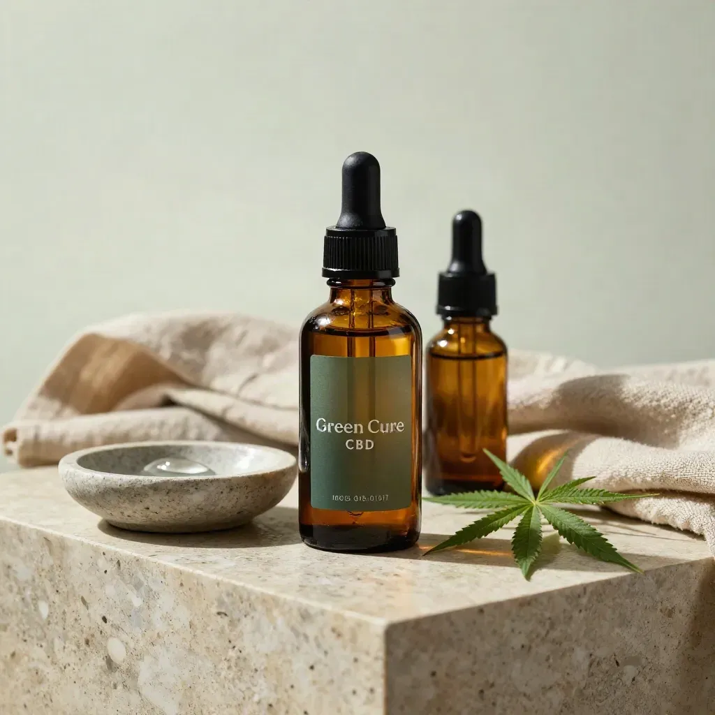 Amber tincture bottle with hemp sprig, linen, stone dish and companion vial on travertine.