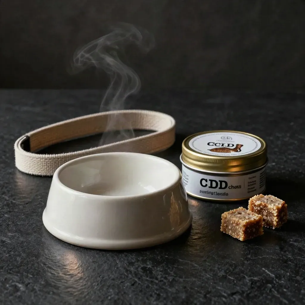 Tin of pet CBD chews beside a dog bowl and canvas leash in dim studio light