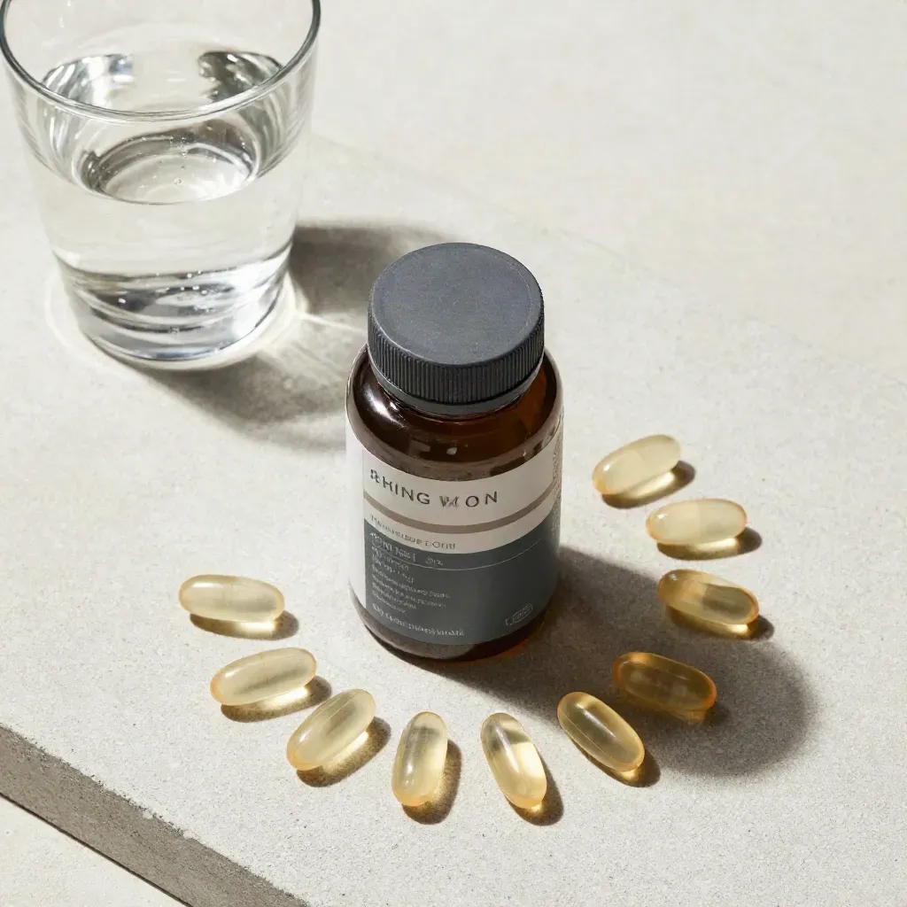 Mint softgels bottle with capsules and a water glass on pale concrete.