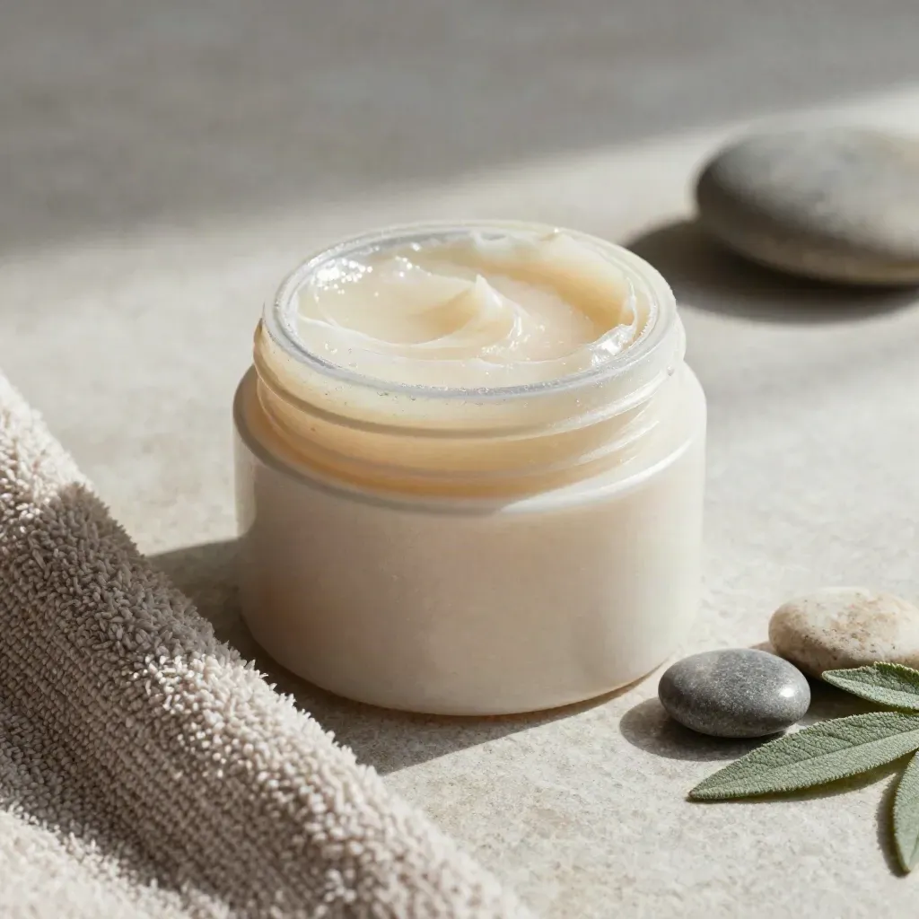 Cooling muscle rub jar macro on pale stone with towel, pebbles, balm swipe, and mist.