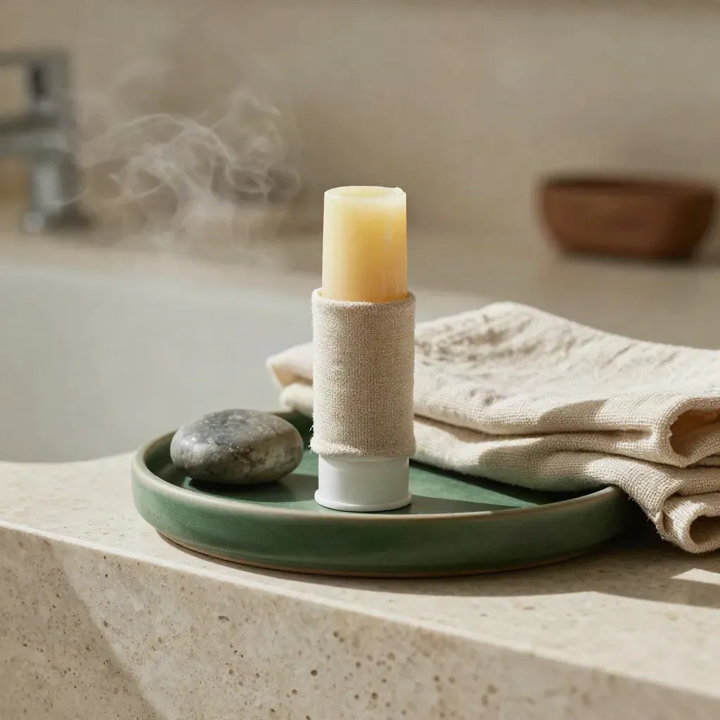 CBD balm stick with cap off, linen sleeve and river stone on a travertine ledge