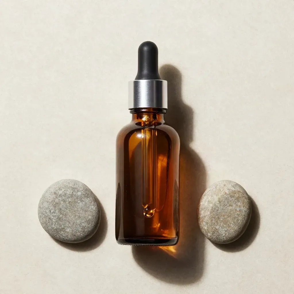 Top-down amber CBD oil bottle, dropper bead, and two pebbles on pale plaster