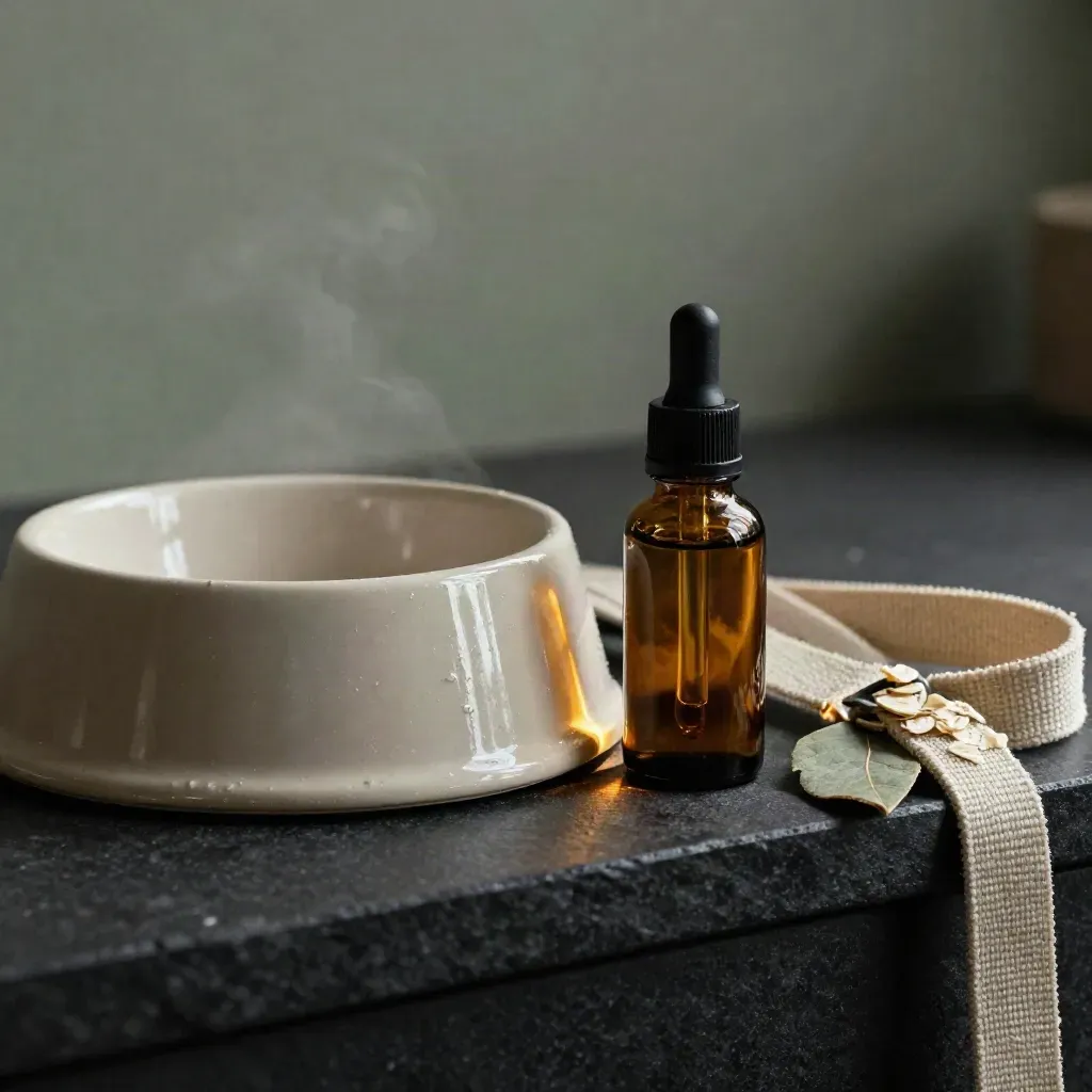 Amber pet calm drops bottle beside a ceramic dog bowl and folded leash in moody studio light.