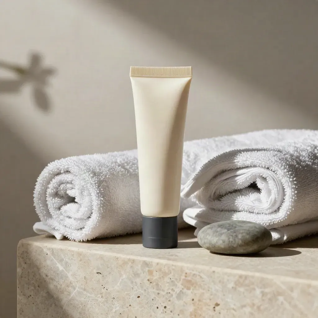 Cooling roll-on hero beside a chilled towel roll and stone on limestone with soft studio light.