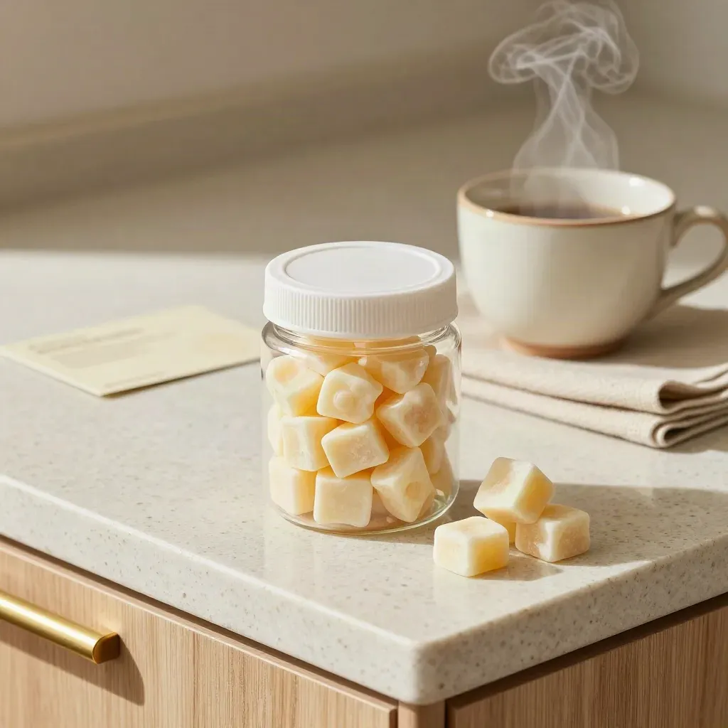 Unbranded CBD stress gummies jar with loose chews, teacup steam and linen on travertine