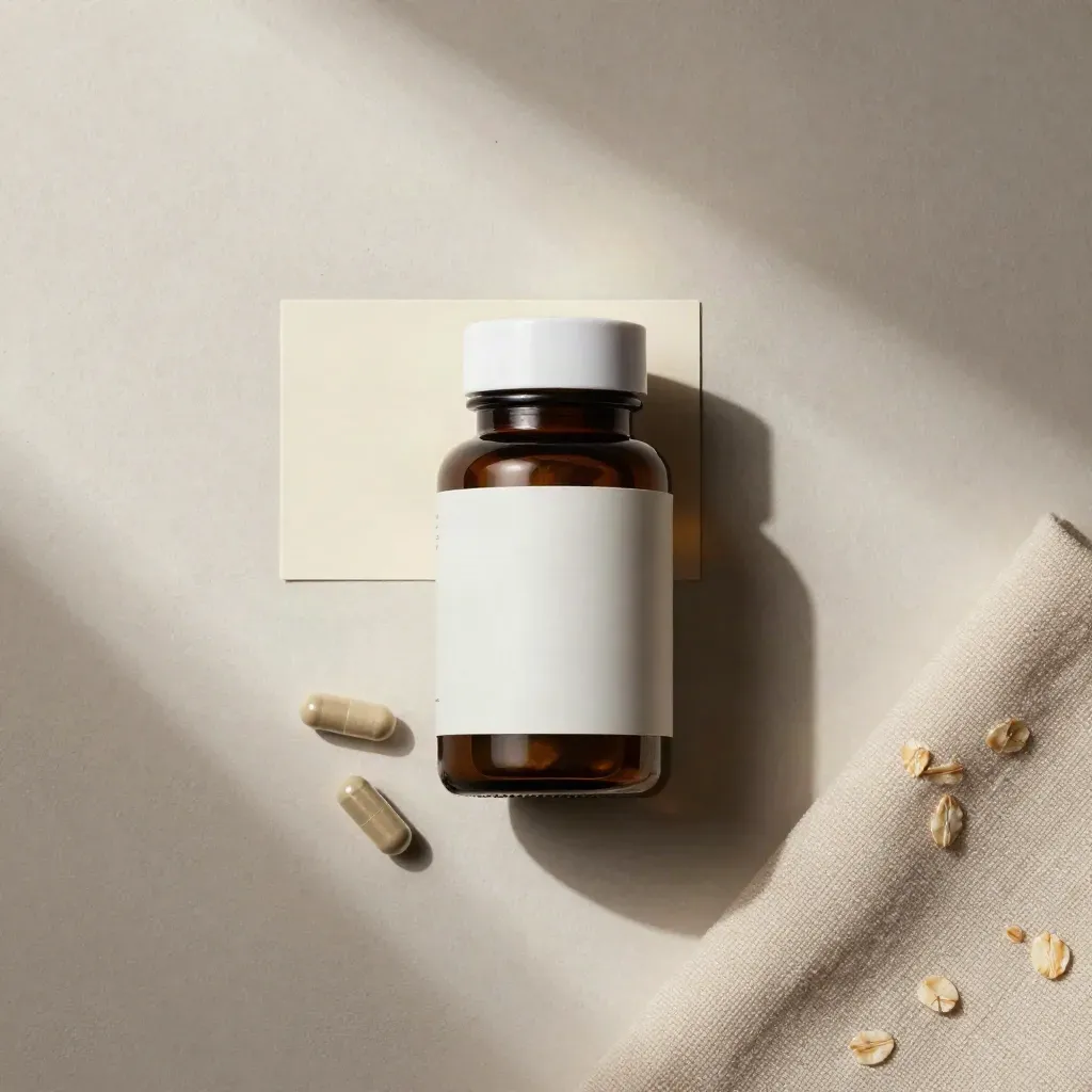 Overhead flatlay of a night capsules bottle, two capsules, and folded sleep cloth on pale plaster.