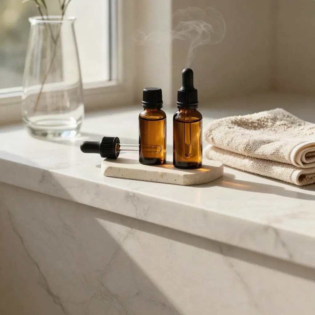 Amber CBD tincture bottles on a marble ledge with towel, vase, and soft morning light.