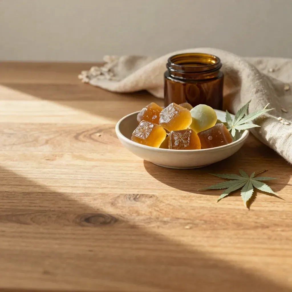 Oak tabletop still life with CBD gummies, ceramic bowl, linen drape, and soft afternoon light.