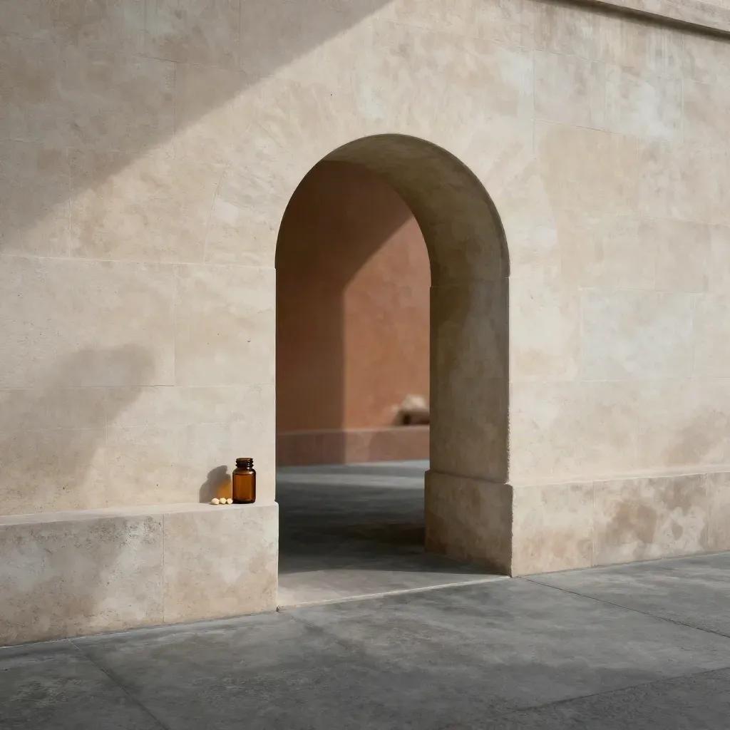 Limestone arcade with an arched opening and calm concrete floor beneath drifting cloud shadow.