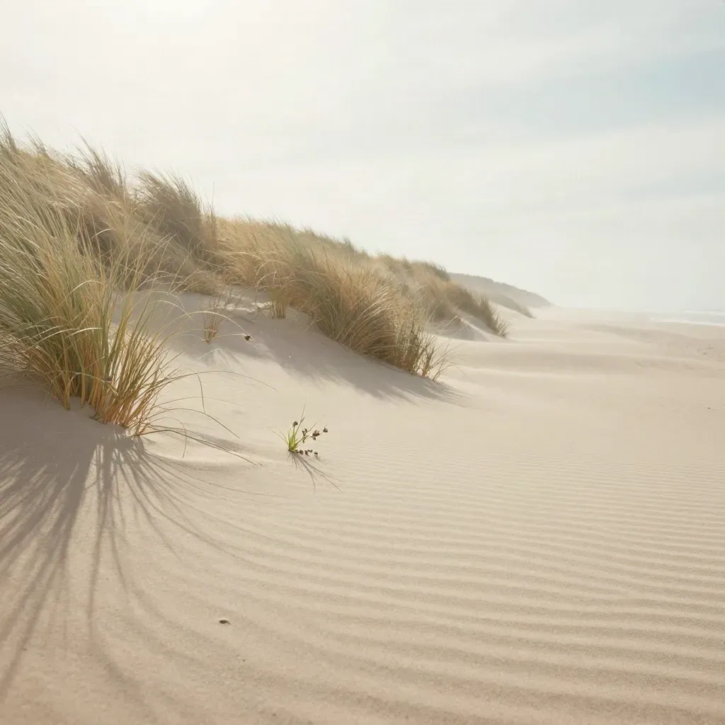 Wind-brushed beach grass on a coastal dune under a pale sky, calm open sand below.
