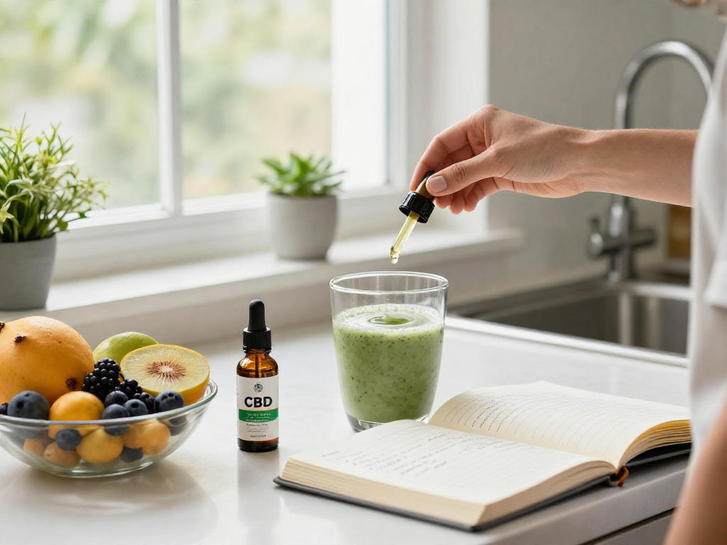 Fresh CBD oil tincture beside fruits, showcasing jungle boys weed in a wellness routine.