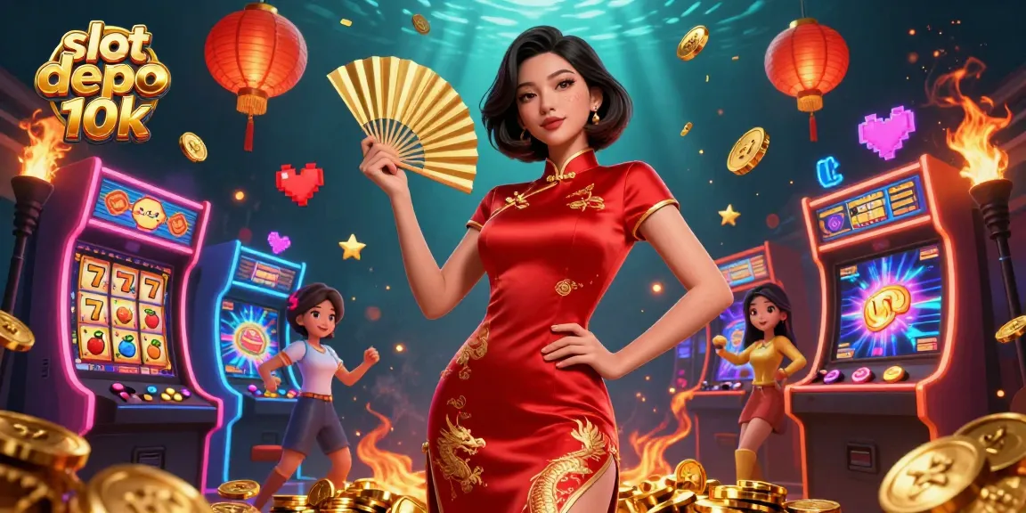 Experience the thrill of slot depo 10k with a vibrant scene of an Asian woman amid golden coins and arcade games.