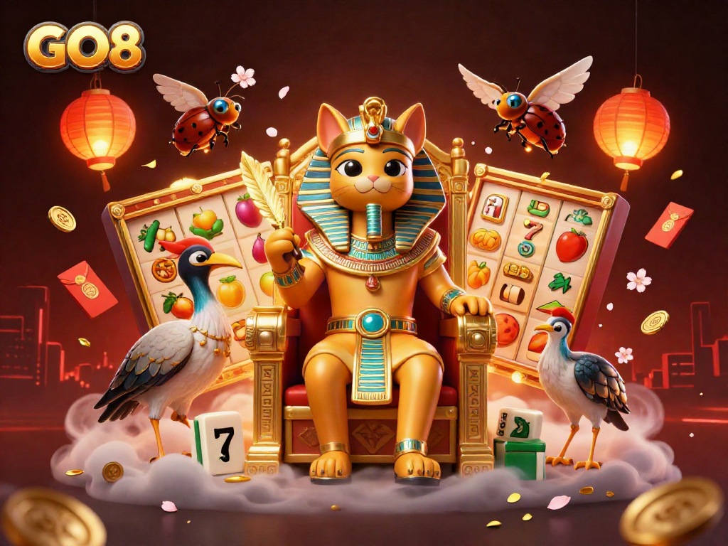 Engage with GO8's vibrant casino illustration featuring pharaoh cat and dynamic game elements.
