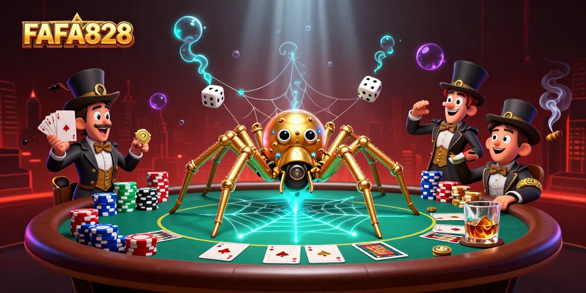 Experience FAFA828’s thrilling poker action with a steampunk spider and poker elements!