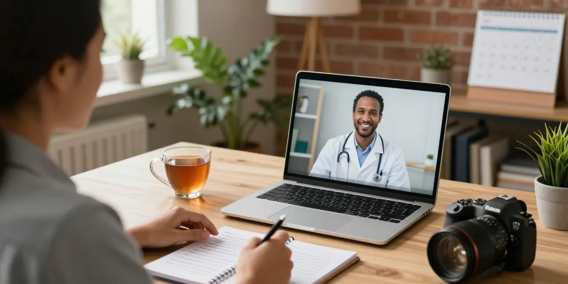 Patient engaging in an online consultation about Ohio MMJ card, highlighting a friendly doctor on screen in a cozy home office.