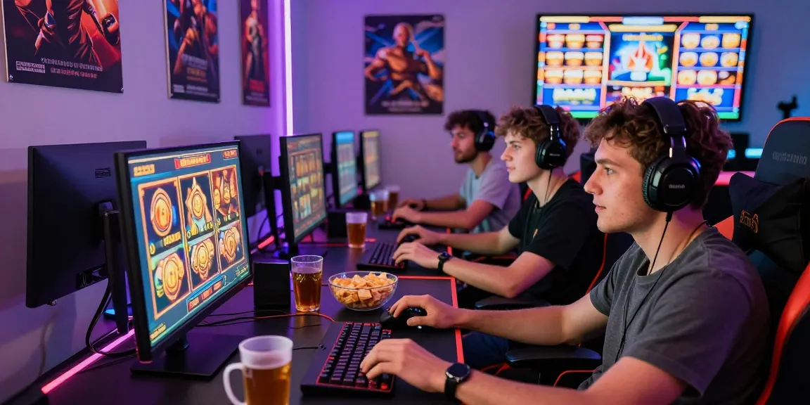 Exciting gaming environment showcasing friends engaging with slot depo 1000 games, colorful visuals, and snacks.
