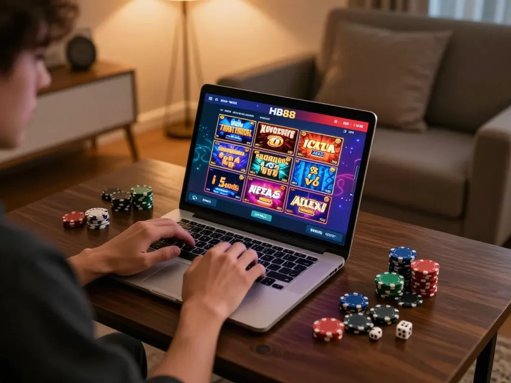 Player enjoying HB88 online casino gaming experience with laptop and games displayed.