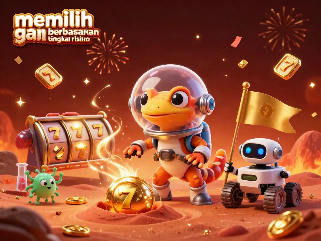 Pemain slot menyaksikan keajaiban saat memilih game berdasarkan tingkat risiko dengan gecko Mars dan robot.