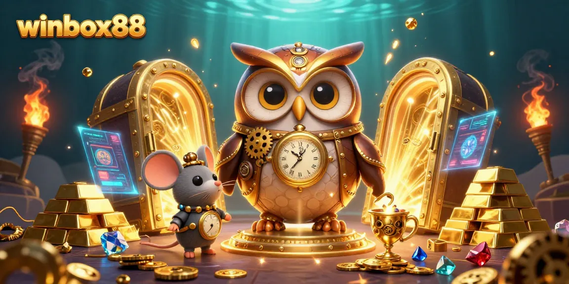 Engaging illustration featuring winbox88 with a steampunk owl and mouse in a dynamic casino setting.