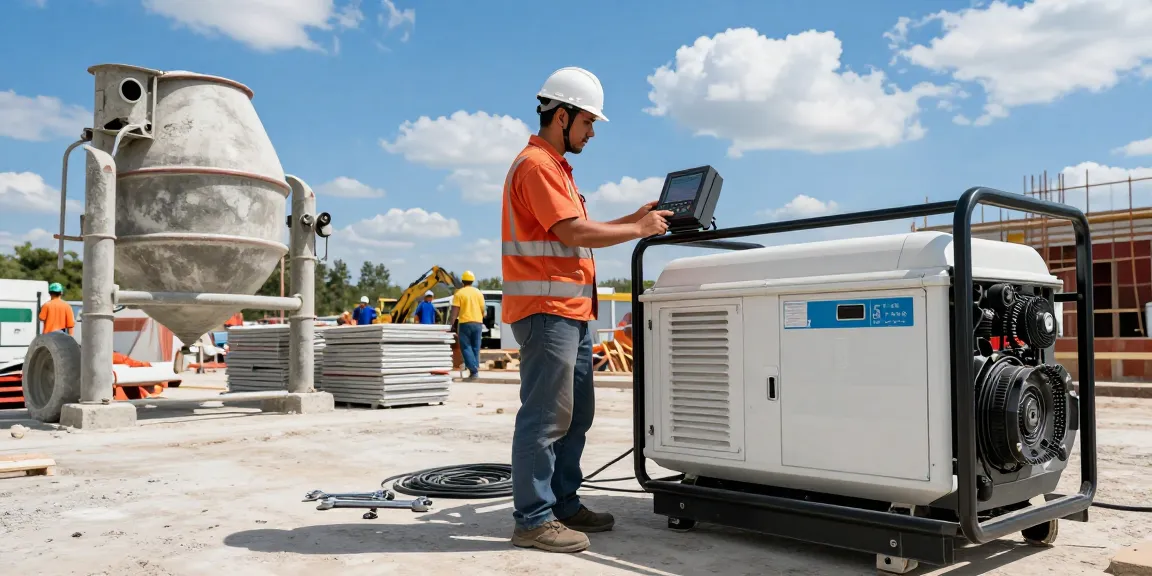 Diesel generator powering construction site with workers and machinery