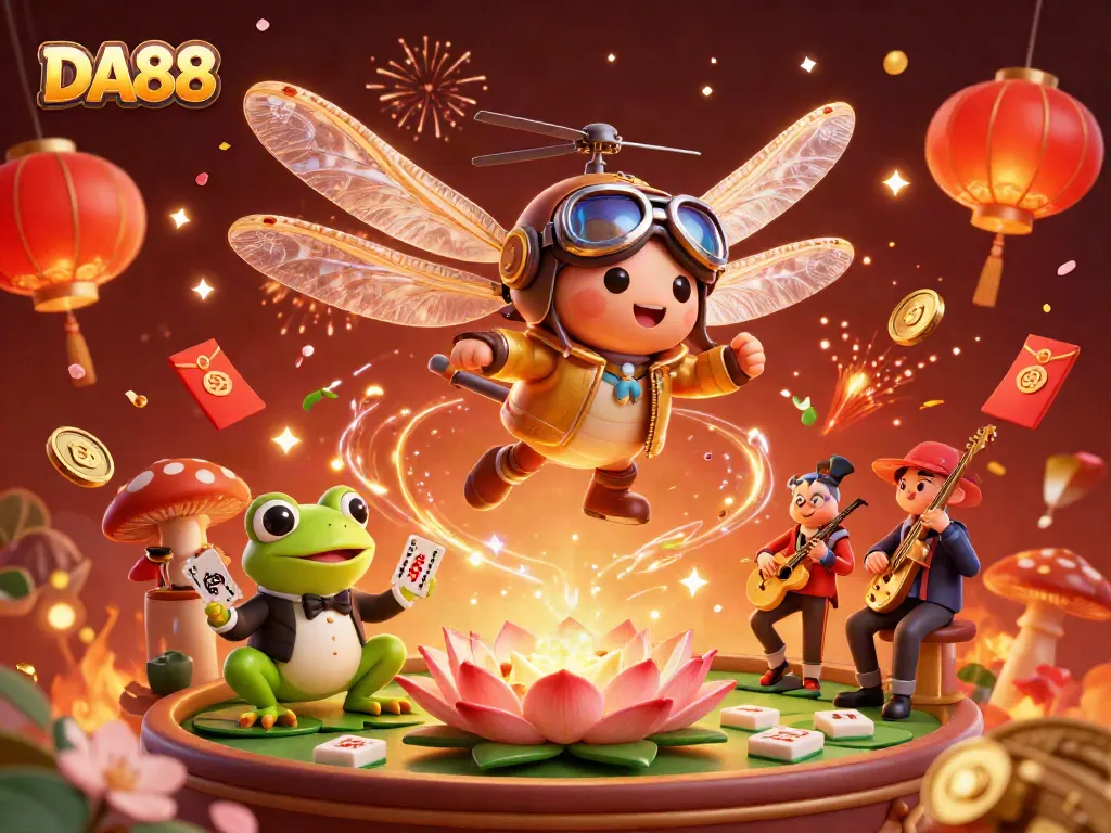 DA88 croupier frog dealing cards in a lively lily pad casino scene
